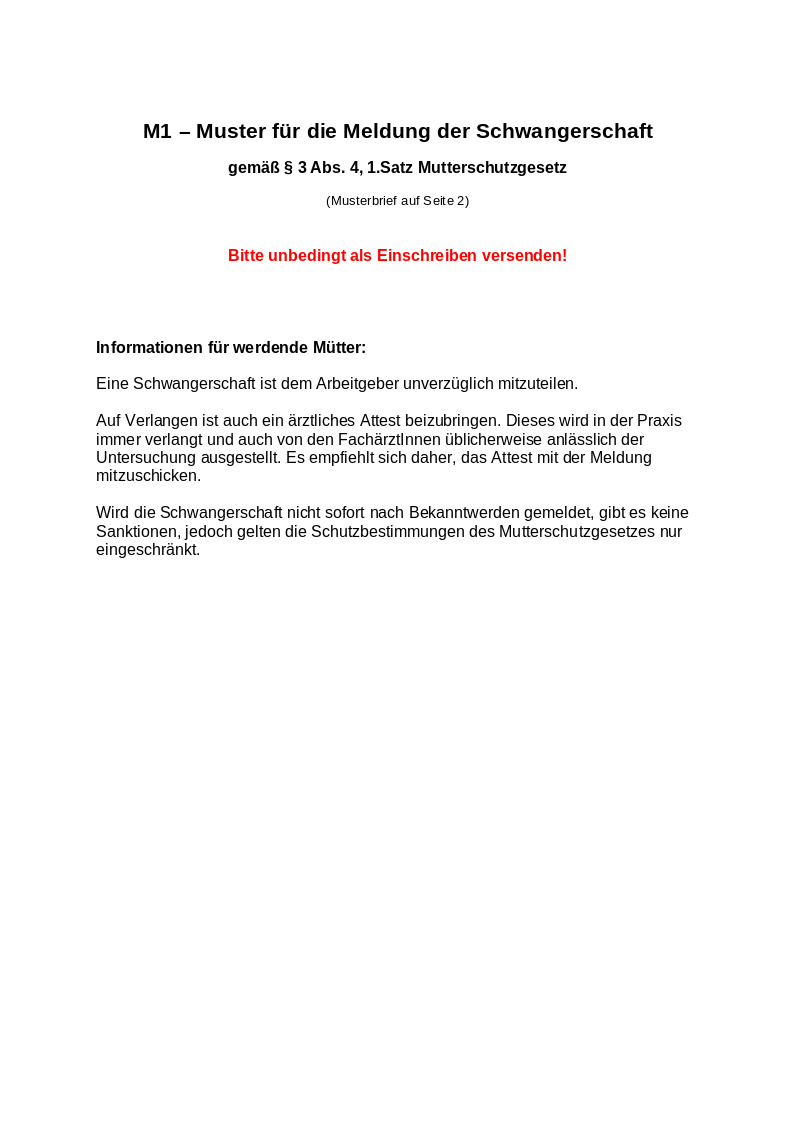 M1 – Muster für die Meldung der Schwangerschaft